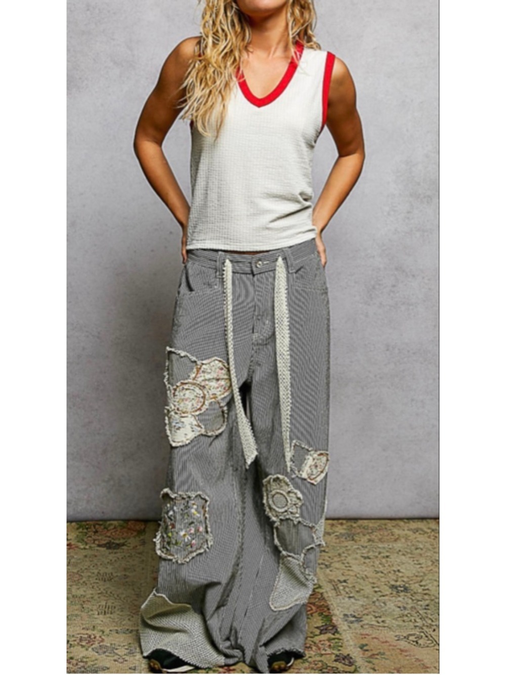 NEW Pol Free People Style Patchwork Embroidered Baggy Stripe Jeans Sizes S, M, L